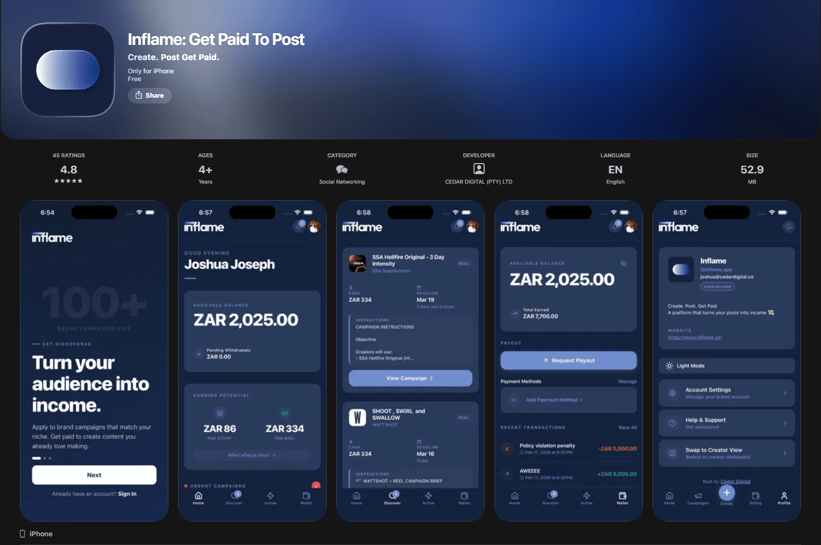 Inflame app on the App Store showing creator monetisation platform